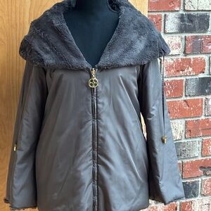 IMAN Charcoal Reversible Puffer/ Faux Fur Jacket with Faux Fur Collar